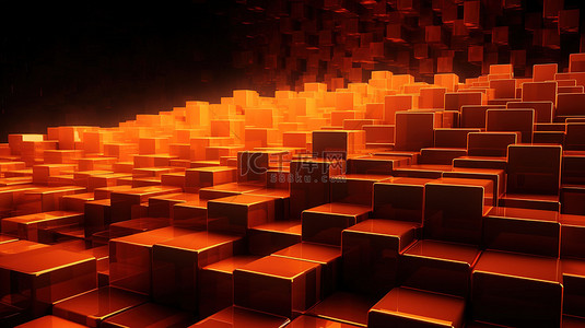 抽象技术设计在梦幻般的橙色波浪中发光的霓虹立方体