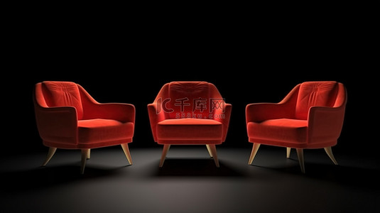 现代红色扶手椅在 3d 渲染隔离在黑色背景