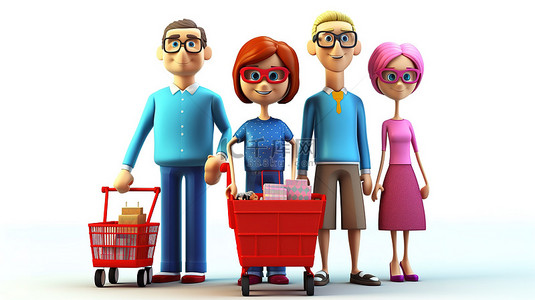 高兴背景图片_高兴的家庭享受 3D 插图中的疯狂购物