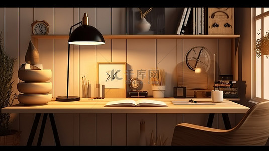 现代工作空间 3D 渲染的台灯照亮现代家庭办公室中的计算机模型