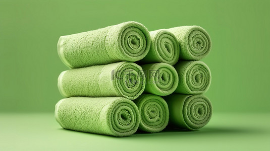 折叠床海报背景图片_绿色背景上孤立毛巾的 3D 渲染滚动和折叠