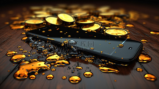 石油工业 3d 渲染中溅出原油的桶和智能手机