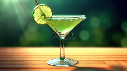 3d 渲染真实的玛格丽塔鸡尾酒在玻璃杯中与石灰片和雨伞