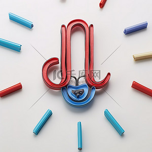 彩色回形针和围绕字母 u 的金属环