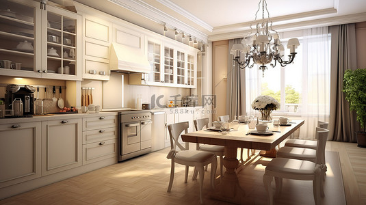 现代化家居背景图片_现代化厨房与传统风格玻璃吊灯米色室内 3D 渲染