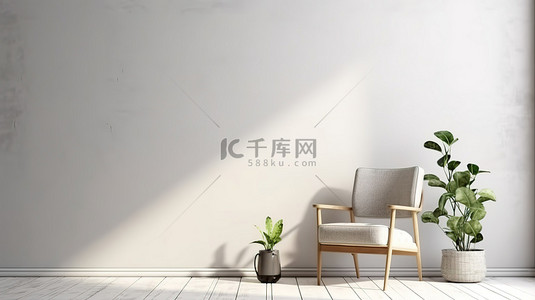 室内家居背景海报背景图片_简约阁楼室内 3D 渲染椅子植物和桌子上的海报模型