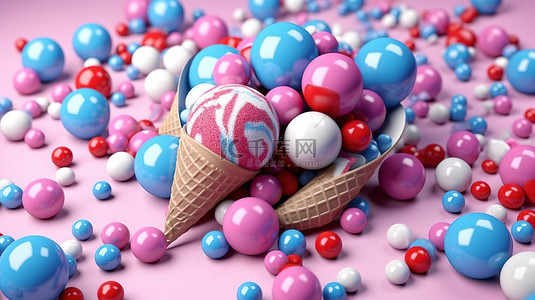 锥冰背景图片_彩色球配料围绕着粉红色背景 3d 渲染的蓝色冰淇淋锥