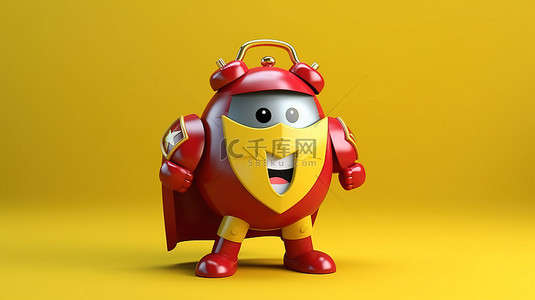 3D 渲染的闹钟人物吉祥物，在充满活力的黄色背景上带有红色金属盾
