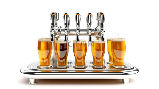 自动售货机背景图片_3D 插图中的酒吧设备在白色背景上隔离，带有渲染的啤酒塔和手柄