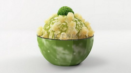 冷冻卡通背景图片_卡通风格 3d 渲染的绿色瓜 bingsu 刨冰隔离在白色背景