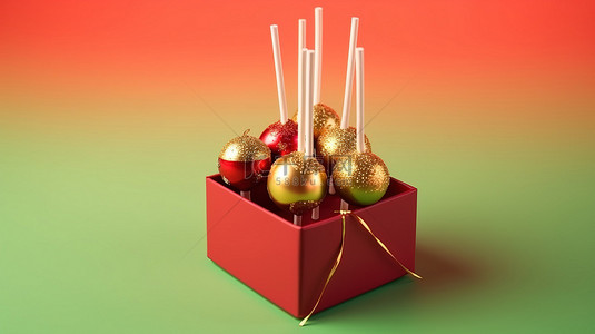 圣诞蛋糕的节日 3D 插图在带有金铃和绿色背景的红色礼品盒中弹出