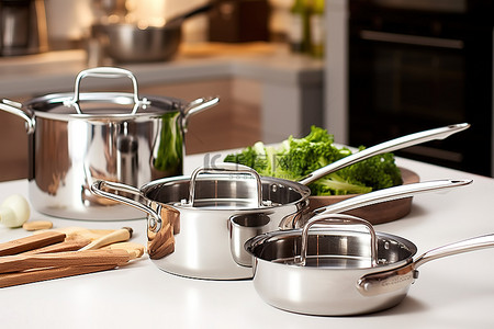 碗背景图片_厨房锅具，配有两个平底锅和两碗食物