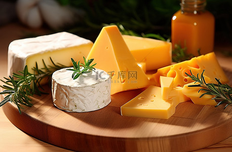 布里奶酪背景图片_木板上的各种奶酪和各种香草