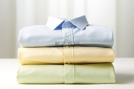 折叠衣服背景图片_三件衬衫以不同颜色折叠在白色表面上