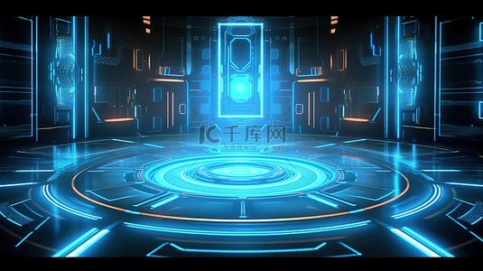 具有抽象科幻设计 3D 渲染的未来派 HUD UI 讲台舞台