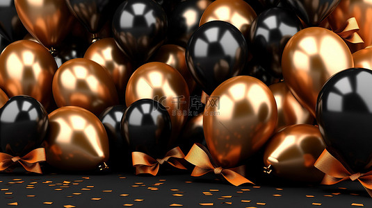 闪亮 3D 渲染中黑色星期五销售概念的金色气球传单插图