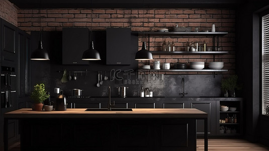 黑色砖墙厨房的 3d 渲染