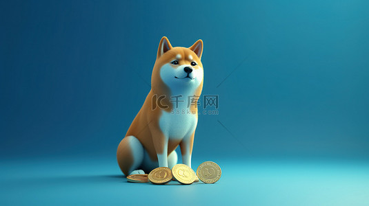 蓝色背景狗背景图片_蓝色背景中的数字犬 3d shiba inu 和 dogecoin