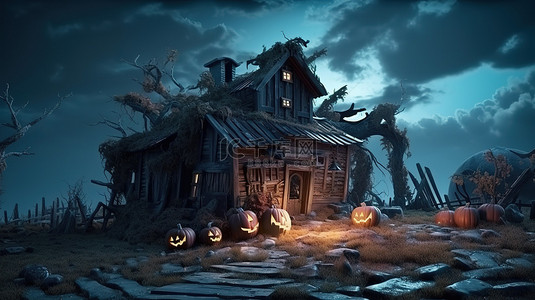万圣节闹鬼的女巫屋的令人毛骨悚然的 3D 插图