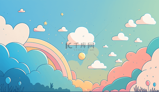 云朵彩虹植物彩色背景简单装饰插图