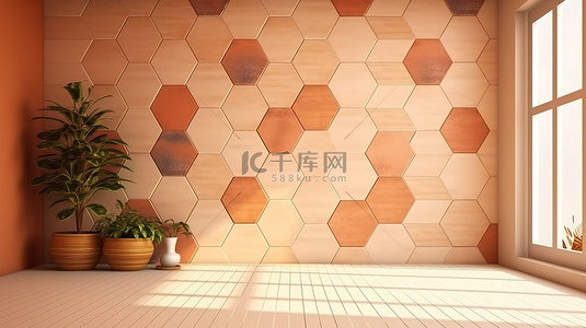 十六角形背景图片_客厅的 3D 渲染，角落有六角形赤土陶器和米色瓷砖墙，非常适合文本放置