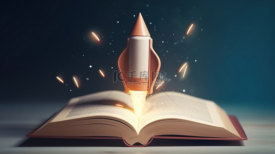 创意火箭飞船灯泡和书在 3D 渲染中的爆炸