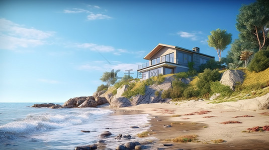 蓝色海水卡通背景图片_俯瞰海滩的山坡住宅的沿海撤退 3D 插图
