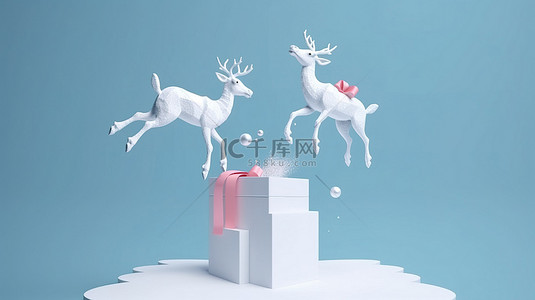 蓝色背景 3d 渲染上，两只驯鹿从装饰着红丝带雪花的白色礼盒中跳出来