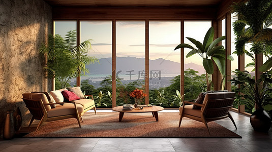 热带客厅与令人惊叹的户外风景 3D 插图