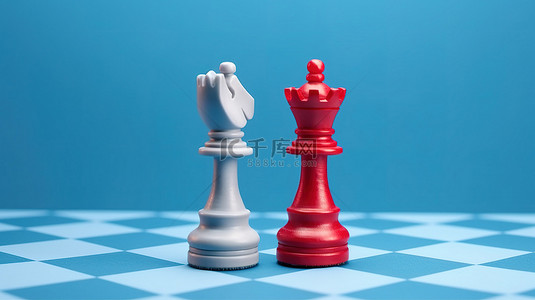 国际象棋游戏中衷心的爱红心装饰在 3D 渲染的蓝色棋盘上的国王和王后人物