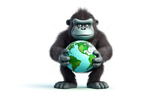 一只滑稽的 3D 大猩猩拿着一个微型地球和标志