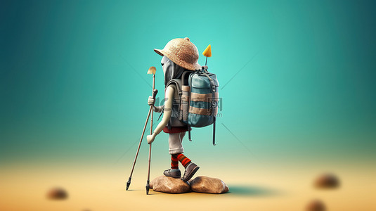 3D 艺术品中带着登山杖的冒险徒步旅行者