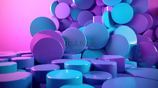 在充满活力的粉红色背景上以 3D 呈现的未来派抽象设计上闪亮的蓝色和紫色块的圆形形成