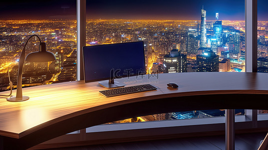 电脑桌的工作室 3D 渲染，背景为白色显示器和城市夜景