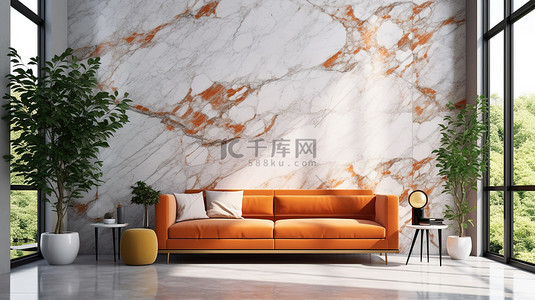 现代生活空间以白色大理石墙壁和充满活力的橙色皮革沙发为特色，以 3D 形式呈现