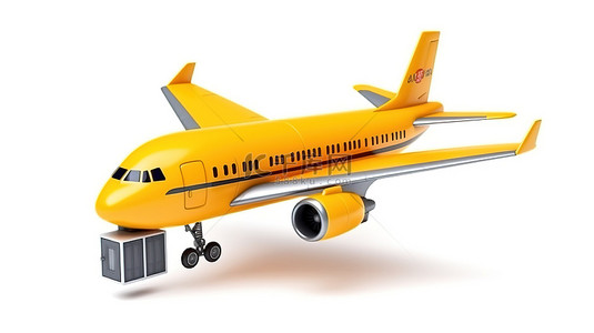 卡通玩具喷气式飞机携带货物集装箱的 3D 渲染，白色背景上有快速交货标志