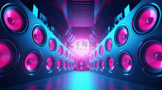 舞台音乐背景图片_蓝色和粉色暗光舞台照明的控制论音乐扬声器系统的 3d 渲染