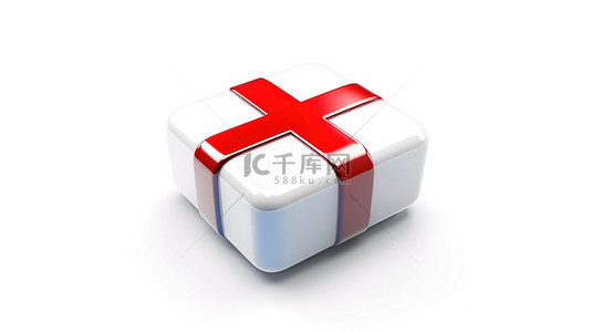 红色方形背景图片_孤立的白色背景，带有 3D 渲染的方形按钮图标和蓝色蝴蝶结包裹的红色礼物