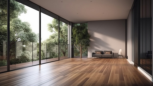 现代阳台背景图片_现代绿树成荫的阳台，宽敞的木地板豪华房间，3D 可视化大窗户和门