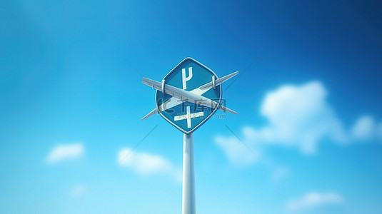 飞机箭头背景图片_飞行高飞机在蓝天中翱翔在白色十字路口标牌 3D 渲染度假概念