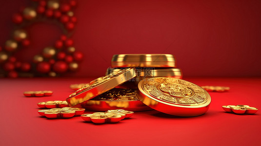 3D 渲染中国新年的构图，以金币和锭为特色
