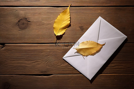 白色信封和叶子，木桌上有叶子和黄色铅笔