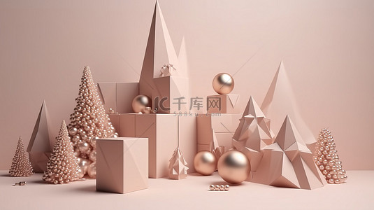 2020圣诞老人背景图片_3D 渲染的圣诞树，装饰着几何形状和礼品盒，非常适合节日装饰