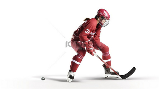 女性冰球运动员在白色背景上的行动 3D 插图