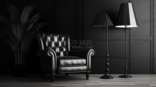 落地页模版背景图片_时尚的黑色扶手椅，配有 3D 渲染的现代落地灯