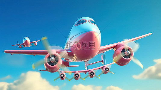 带有“联系我们”横幅的 3D 渲染卡通飞机