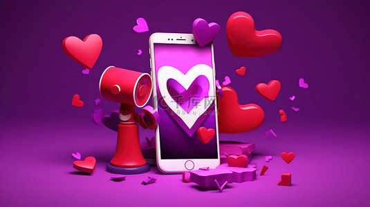 互联网用户背景图片_带心脏和智能手机接口的紫色卡通扩音器的 3D 插图