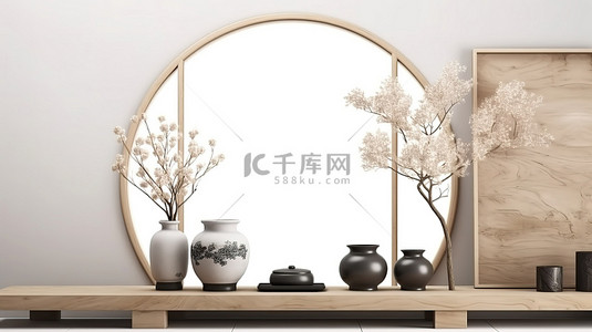 日本风格的室内木顶桌和装饰海报 3D 渲染