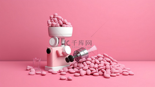 粉红色背景，带有显微镜和药片，代表医疗保健和健康 3D 渲染，具有充足的复制空间