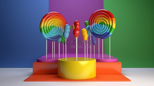 彩虹糖背景图片_彩虹棒棒糖装饰 3D 渲染的讲台